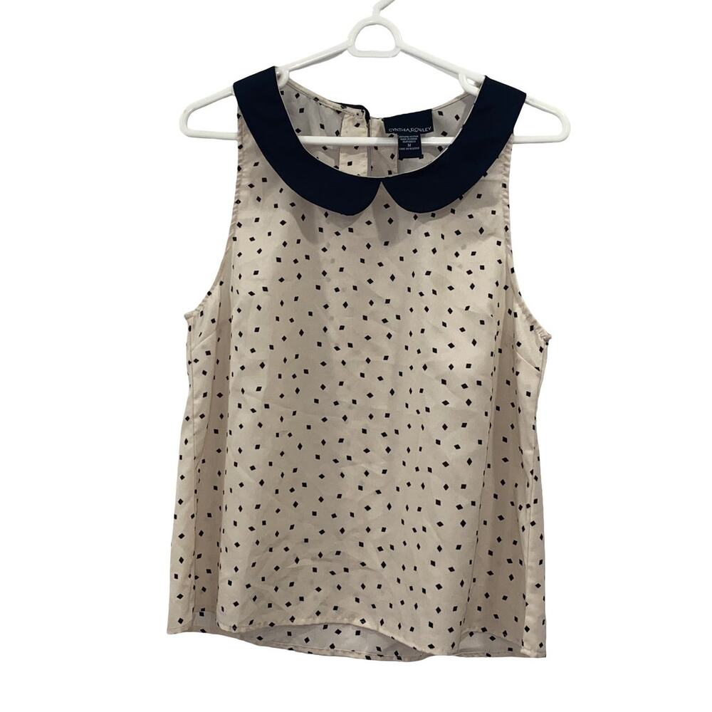Cynthia Rowley Polka Dot Sleeveless Top Medium Beige Black Peter Pan Collar